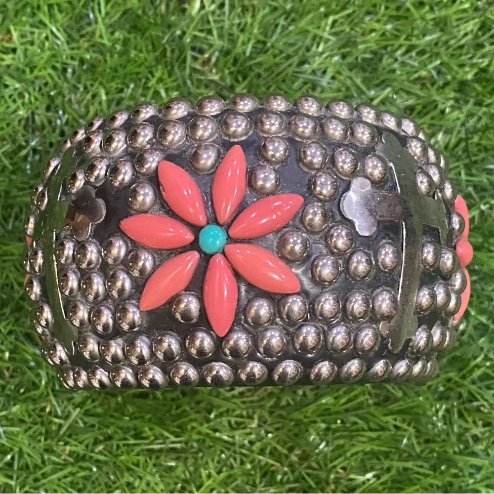 Studded Wooden Bangle Bracelet Floral Coral Turquoise Western Boho Wide Cuff